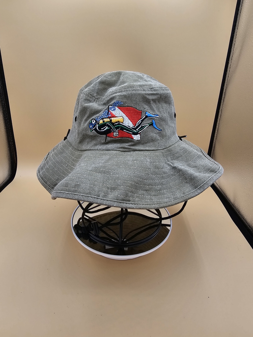 Vintage Trident Scuba Diving Embroidered Bucket Hat Olive Green Size Large